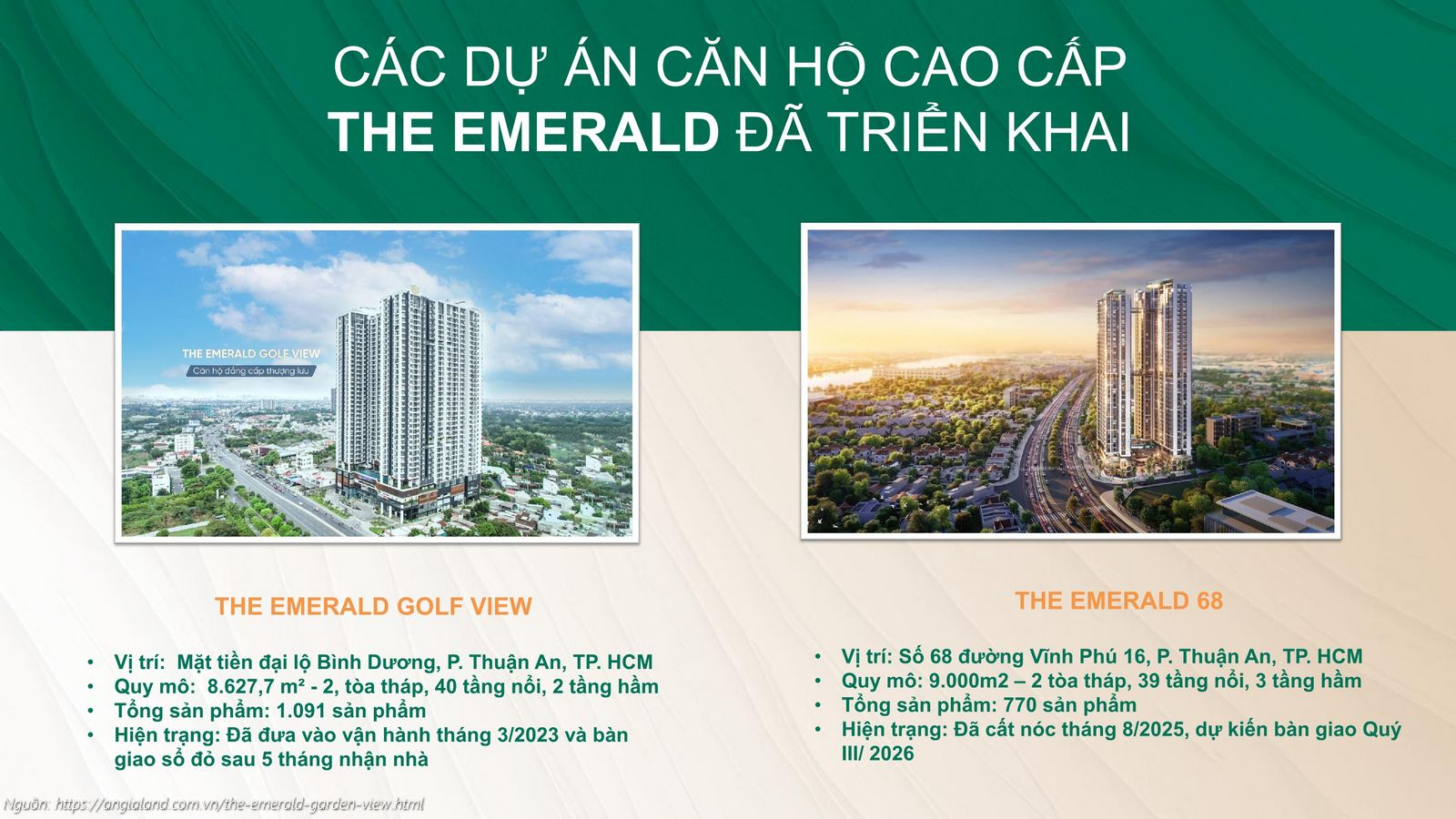 Các dự án căn hộ cao cấp The Emerald đã triển khai của chủ đầu tư Lê Phong tại Thuận An: The Emerald Golf View và The Emerald 68