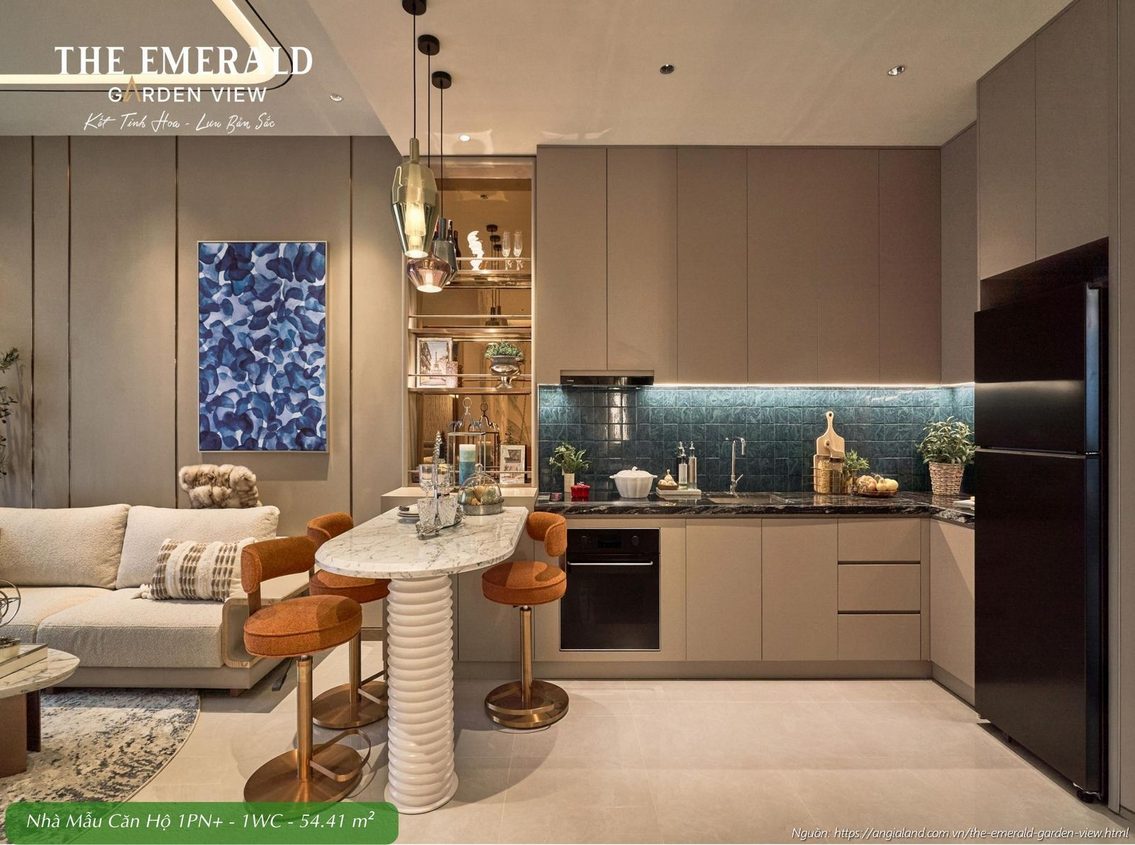 Thiết kế khu vực bếp hiện đại nhà mẫu căn hộ 1 phòng ngủ cộng diện tích 54.41m2 The Emerald Garden View