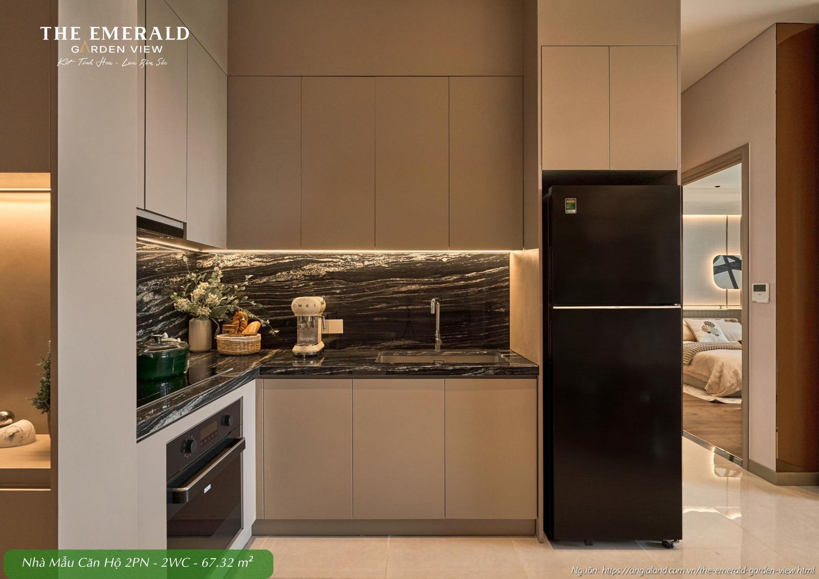 Thiết kế khu vực bếp hiện đại nhà mẫu căn hộ 2 phòng ngủ diện tích 67.32m2 The Emerald Garden View