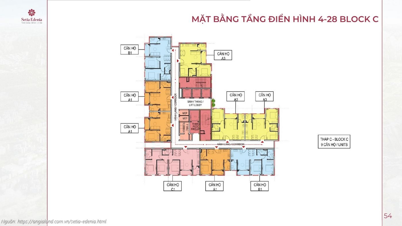 Mặt bằng tầng điển hình 4-28 Block C dự án Setia Edenia Lái Thiêu (9 căn hộ/tầng)