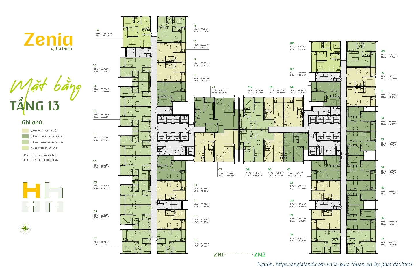 Mặt bằng tầng tháp Zenia (Zanica) dự án La Pura (Lapura) Phát Đạt - Tầng 13
