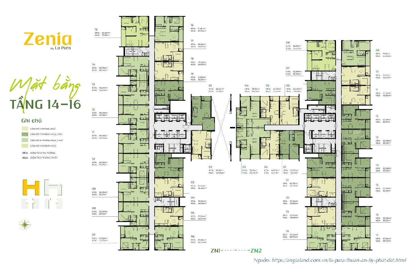 Mặt bằng tầng tháp Zenia (Zanica) dự án La Pura (Lapura) Phát Đạt - Tầng 14-16