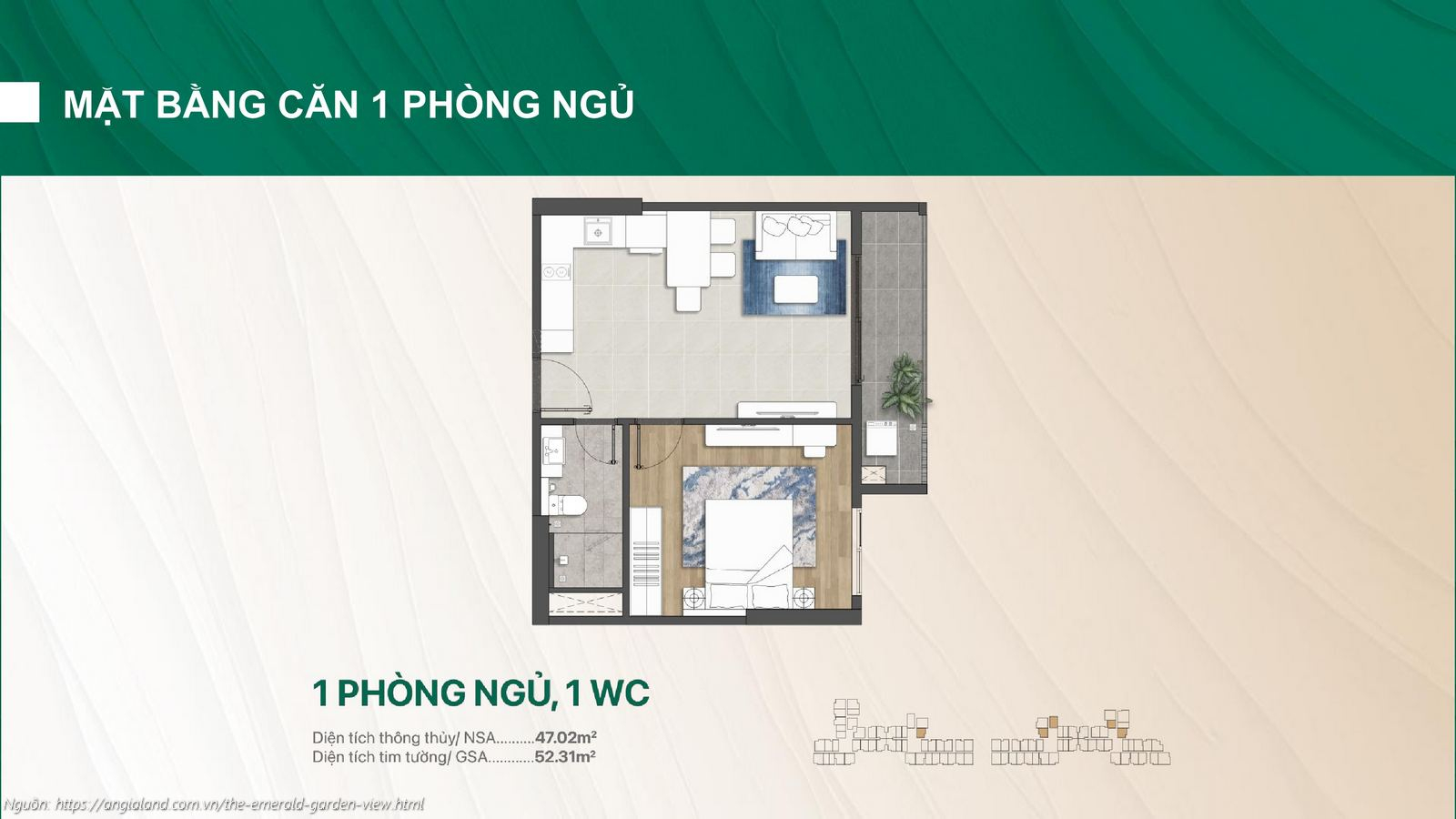 Mặt bằng thiết kế căn hộ 1 phòng ngủ (1PN) 1WC dự án The Emerald Garden View (Diện tích tim tường 52.31m²)