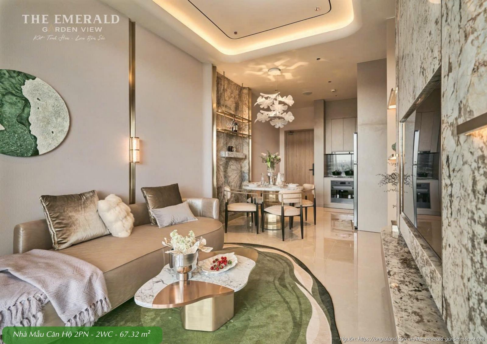 Không gian phòng khách rộng rãi nhà mẫu căn hộ 2 phòng ngủ diện tích 67.32m2 The Emerald Garden View