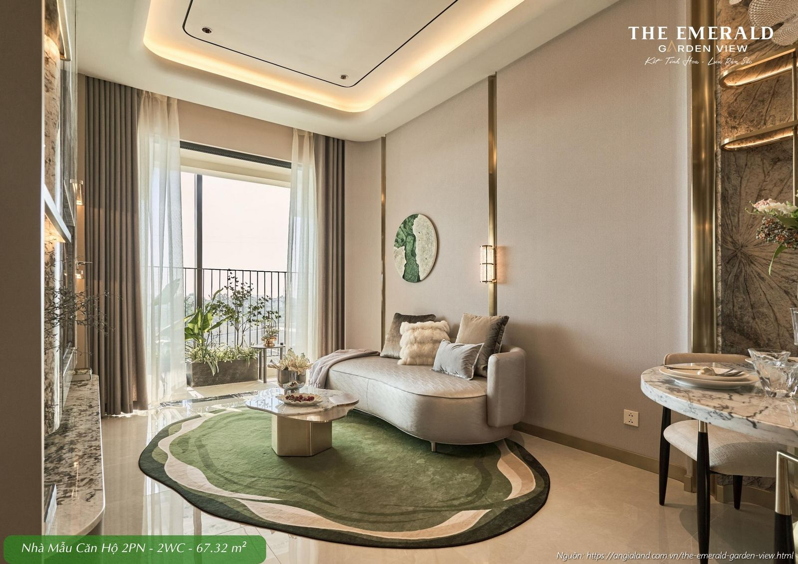 Không gian phòng khách rộng rãi nhà mẫu căn hộ 2 phòng ngủ diện tích 67.32m2 The Emerald Garden View