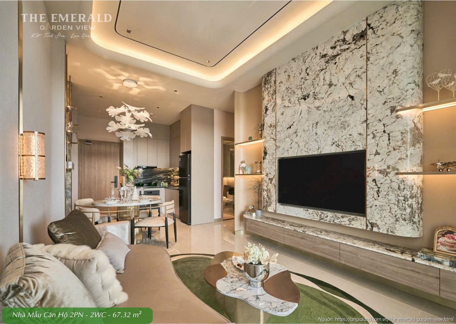 Không gian phòng khách rộng rãi nhà mẫu căn hộ 2 phòng ngủ diện tích 67.32m2 The Emerald Garden View