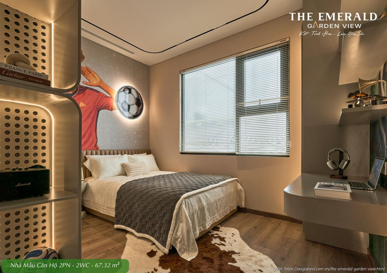 Phòng ngủ phụ (Phòng ngủ 2) tại nhà mẫu căn hộ 2 phòng ngủ diện tích 67.32m2 The Emerald Garden View