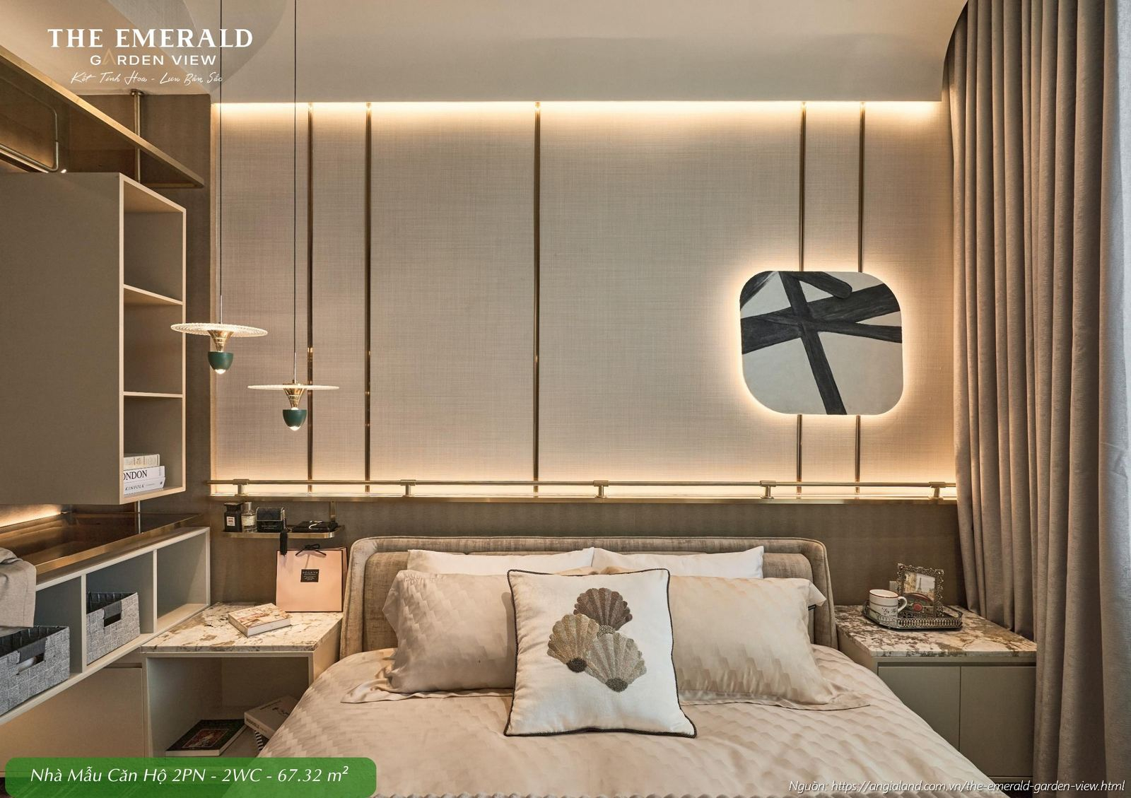 Phòng ngủ chính (Master) sang trọng nhà mẫu căn hộ 2 phòng ngủ diện tích 67.32m2 The Emerald Garden View