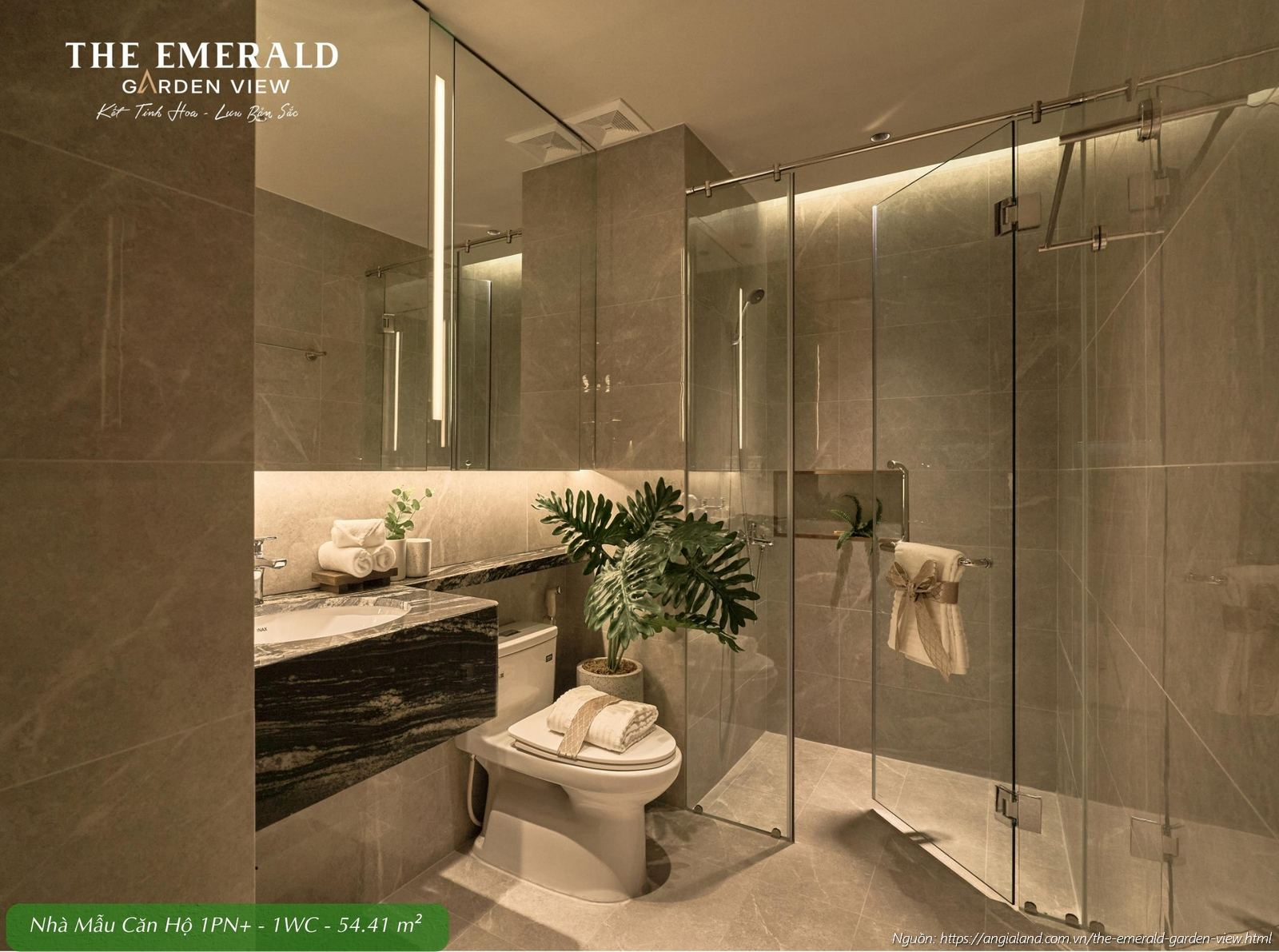 Phòng tắm WC cao cấp tại nhà mẫu căn hộ 1 phòng ngủ cộng diện tích 54.41m2 The Emerald Garden View