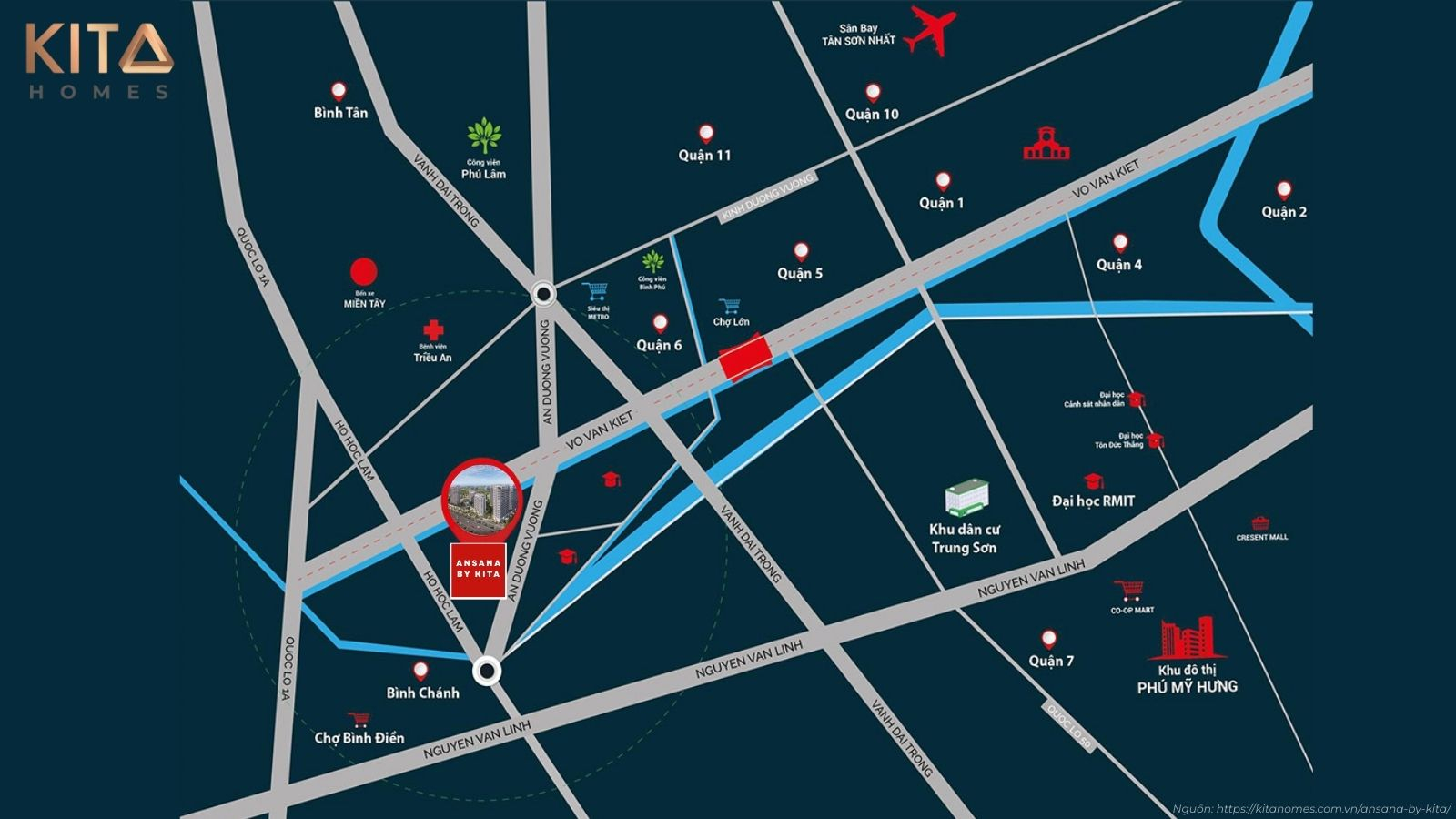 Bản đồ vị trí chiến lược và liên kết vùng đắt giá của căn hộ Ansana by Kita Võ Văn Kiệt