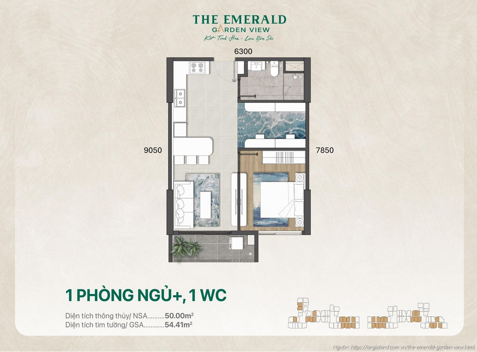 Thiết kế nhà mẫu căn hộ 1 Phòng ngủ (+) diện tích tim tường 54.41 m² dự án The Emerald Garden View