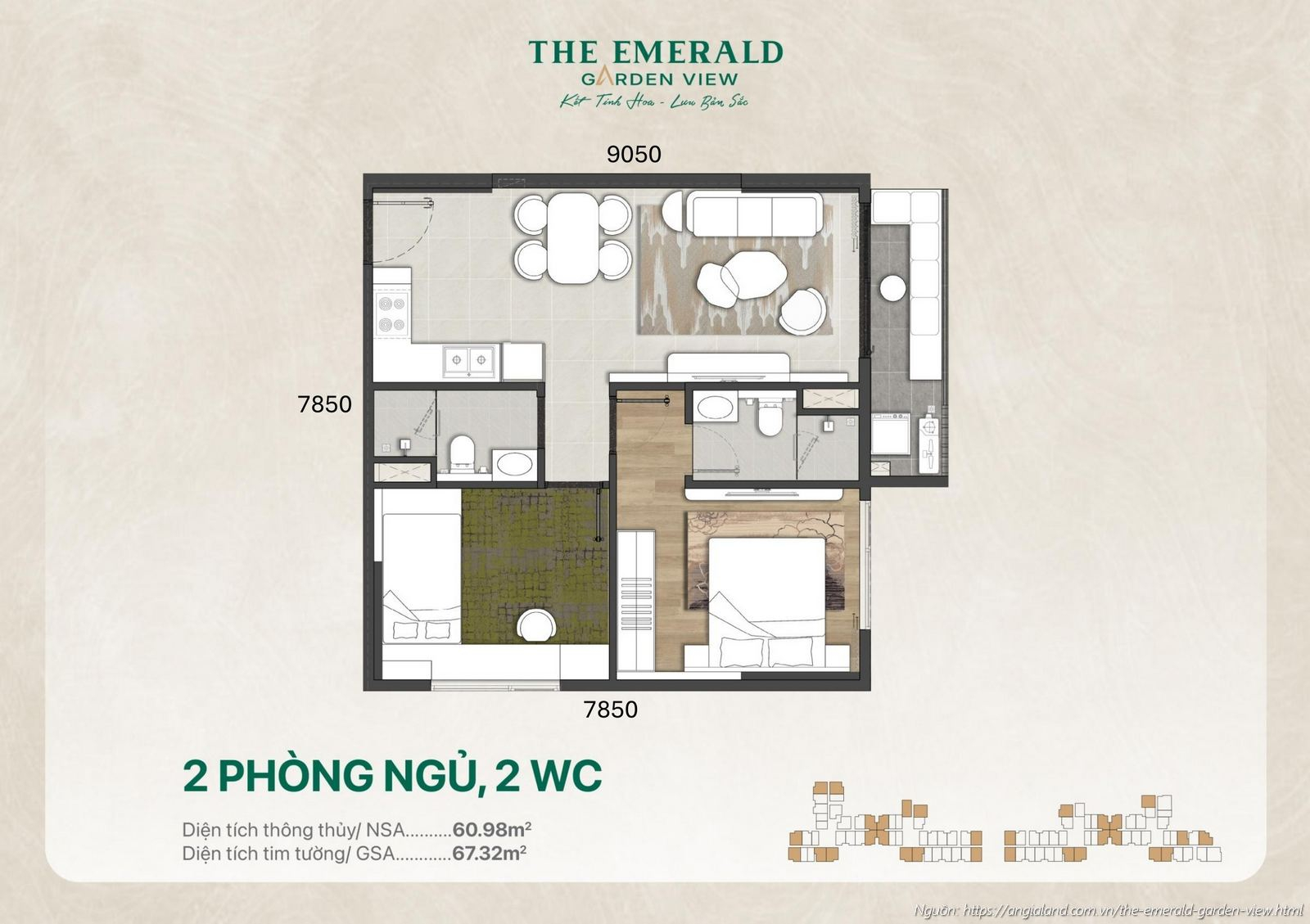 Thiết kế nhà mẫu căn hộ 2 Phòng ngủ diện tích tim tường 67.32 m² dự án The Emerald Garden View