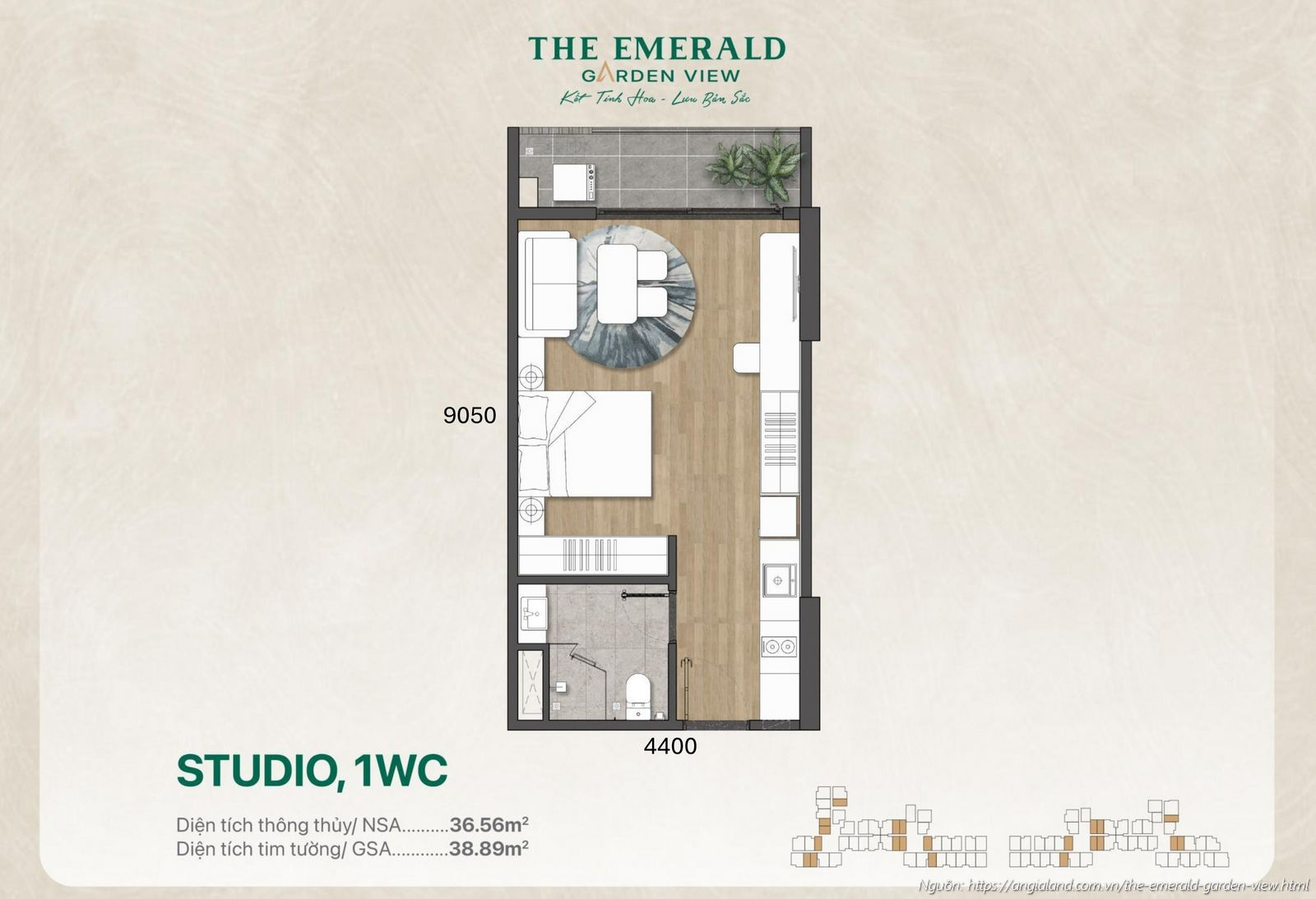 Thiết kế nhà mẫu căn hộ Studio diện tích tim tường 38.89 m² dự án The Emerald Garden View
